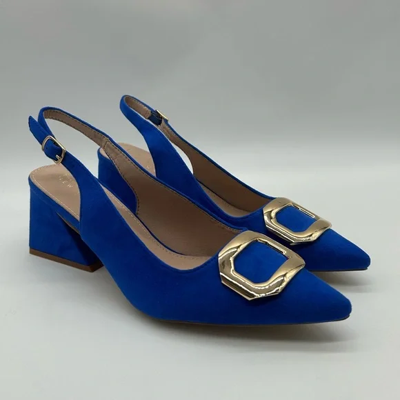 Nicole Miller New York Melrose Blue Faux Suede Slingback Block Heel Pumps 8 NIB - Picture 4 of 13